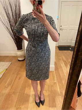 Boss Black and White Houndstooth Midi Sheath Dress